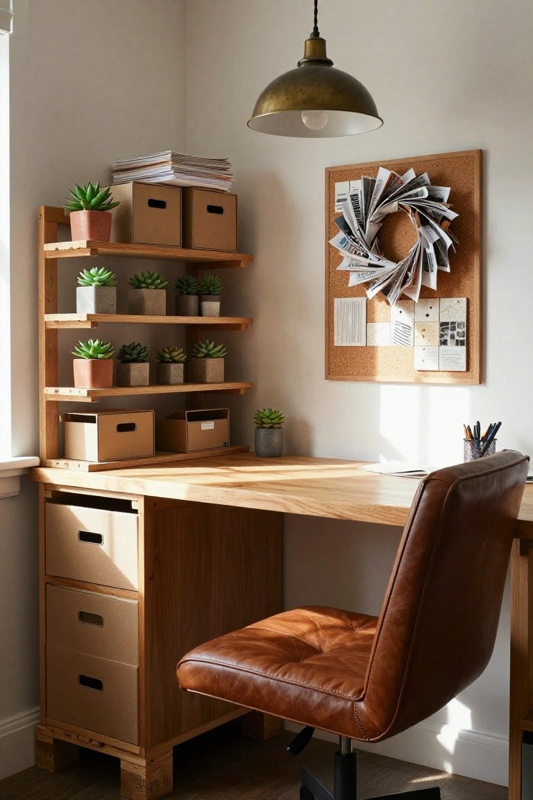 Corner of a home office with wooden desk and leather chair, open shelves holding plants and cardboard boxes, and a corkboard displaying a wreath made from rolled newspaper pages.