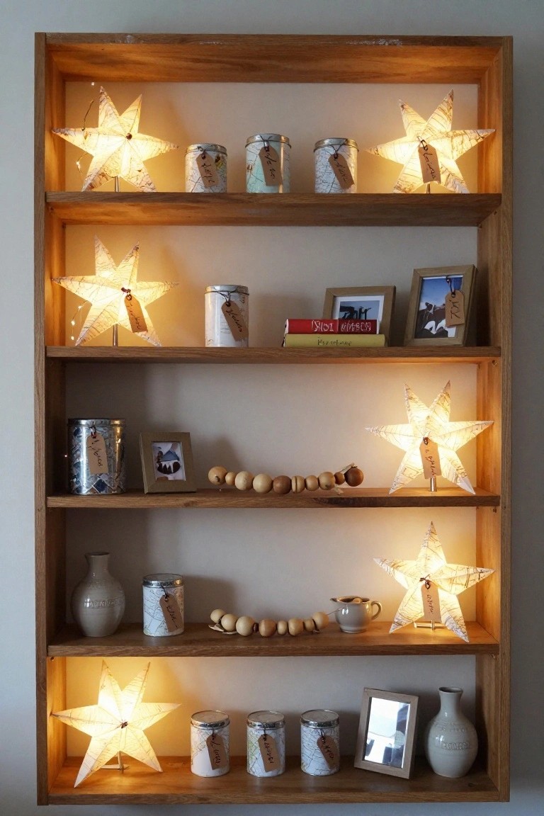 Wooden open shelf unit with multiple lit white paper star lanterns featuring map prints, labeled metal tins and jars, small frames, vases, and wooden beads arranged on shelves.