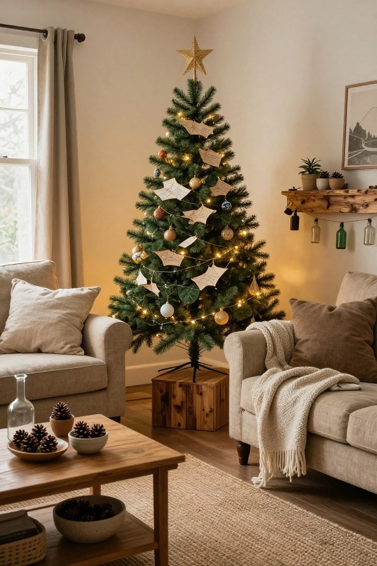 A lit artificial Christmas tree in a cozy beige living room corner decorated with white paper garlands, colorful ornaments, and lights, next to two neutral sofas, a wooden coffee table with pine cones in bowls, and potted plants on shelves.