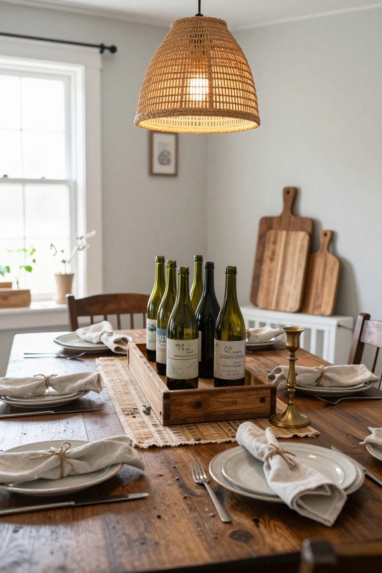 Rustic wooden dining table set with wine bottles, plates, and woven pendant light.