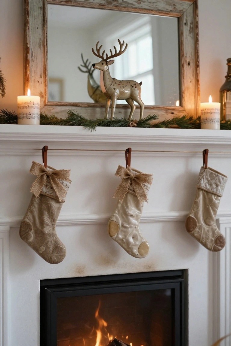 White fireplace mantel with three neutral embroidered Christmas stockings in beige tones hanging from brown leather straps, decorated with burlap bows, flanked by white candles, sheet music candles, greenery, and a gold reindeer figurine in front of a rustic wood-framed mirror above the black fireplace.