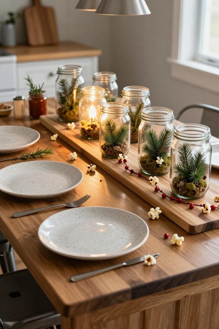 Wooden dining table set with white speckled plates, forks, and knives, centered by a wooden board runner holding mason jars filled with small pine trees, moss, nuts, and red cranberries, with scattered popcorn kernels and rosemary sprigs.