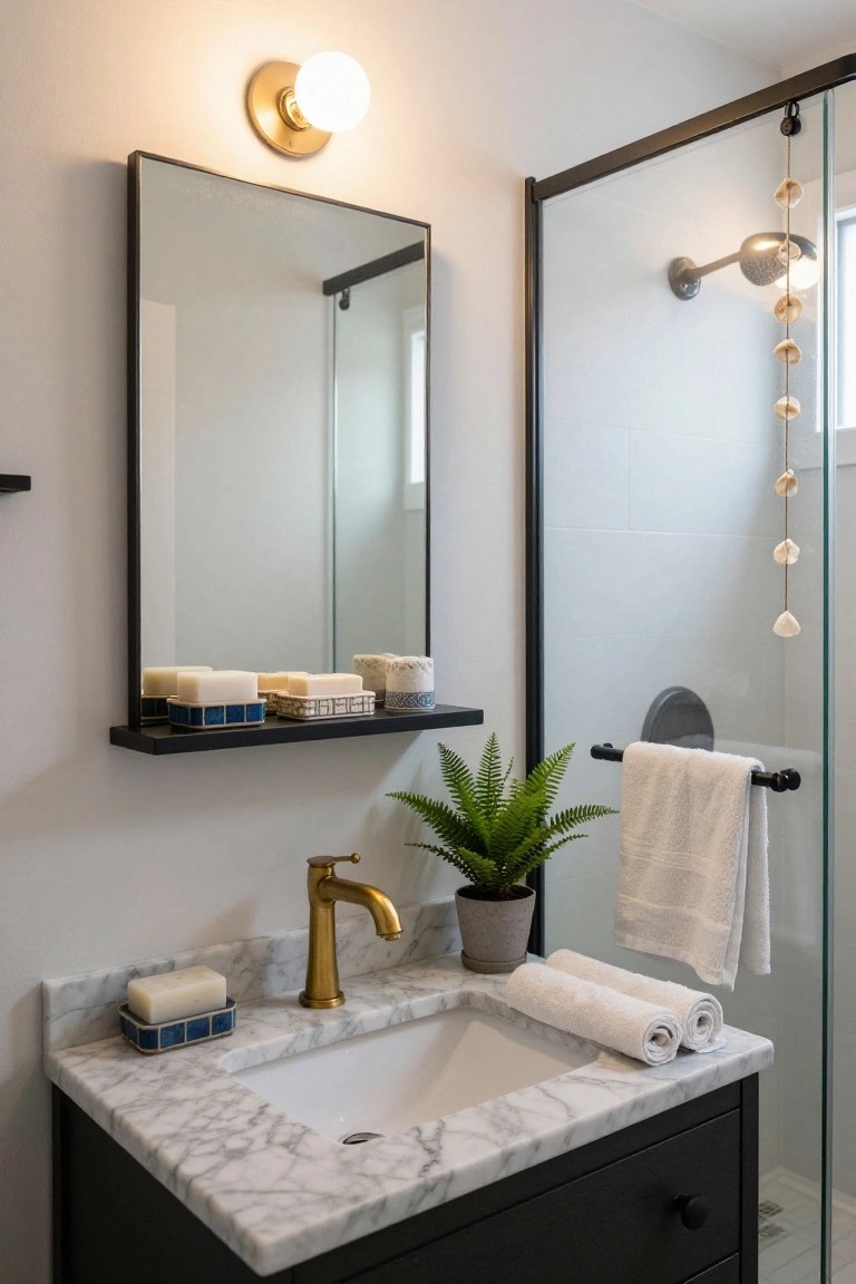 Modern bathroom with black vanity cabinet, white marble countertop and sink, gold gooseneck faucet, black-framed mirror above a floating black shelf holding patterned soap dishes with white soap bars and small white containers, potted green fern plant on counter, rolled white towels nearby, and glass shower enclosure with hanging seashell strand and towel bar.