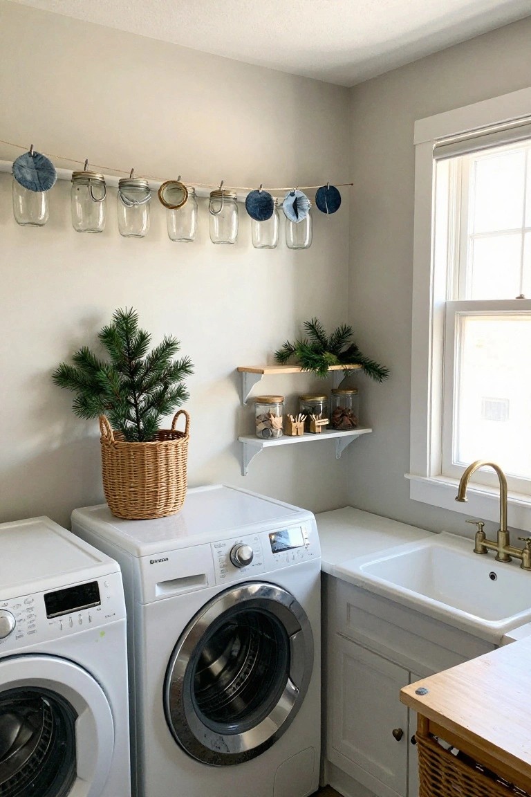 Laundry room corner featuring two white front-loading washers, a white pedestal sink with brass faucet, floating wood shelves holding gold jars and Christmas figurines, a small potted evergreen in a wicker basket, and a clothesline garland of blue denim circles clipped to clear mason jars above the appliances.