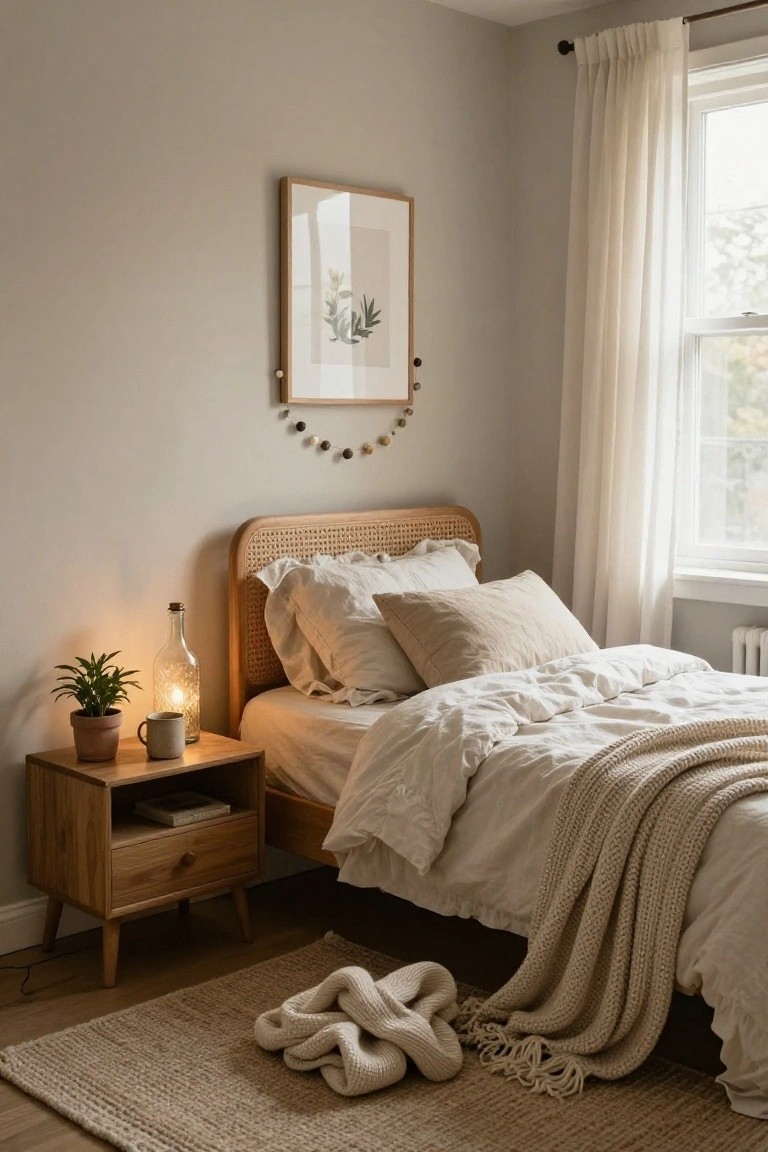 Cozy bedroom corner featuring a rattan headboard bed with white linen bedding and throw, wooden nightstand with potted plant, glass bottle lamp, and mug, beige walls, sheer window curtains, jute rug, and a framed botanical print with wooden bead garland draped over the top.