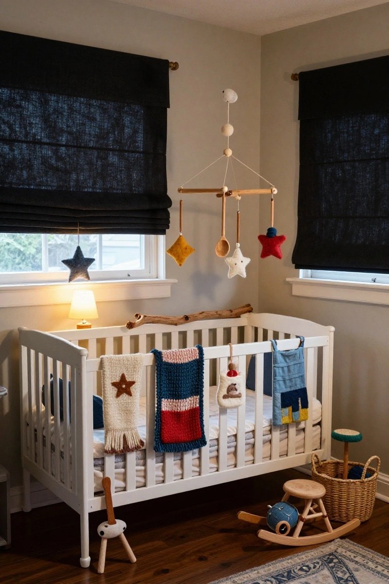 Cozy nursery with white crib draped in colorful crocheted blankets and star-patterned fabrics, felt star mobile hanging above, wooden horse toy on hardwood floor, and black roman shades on windows.