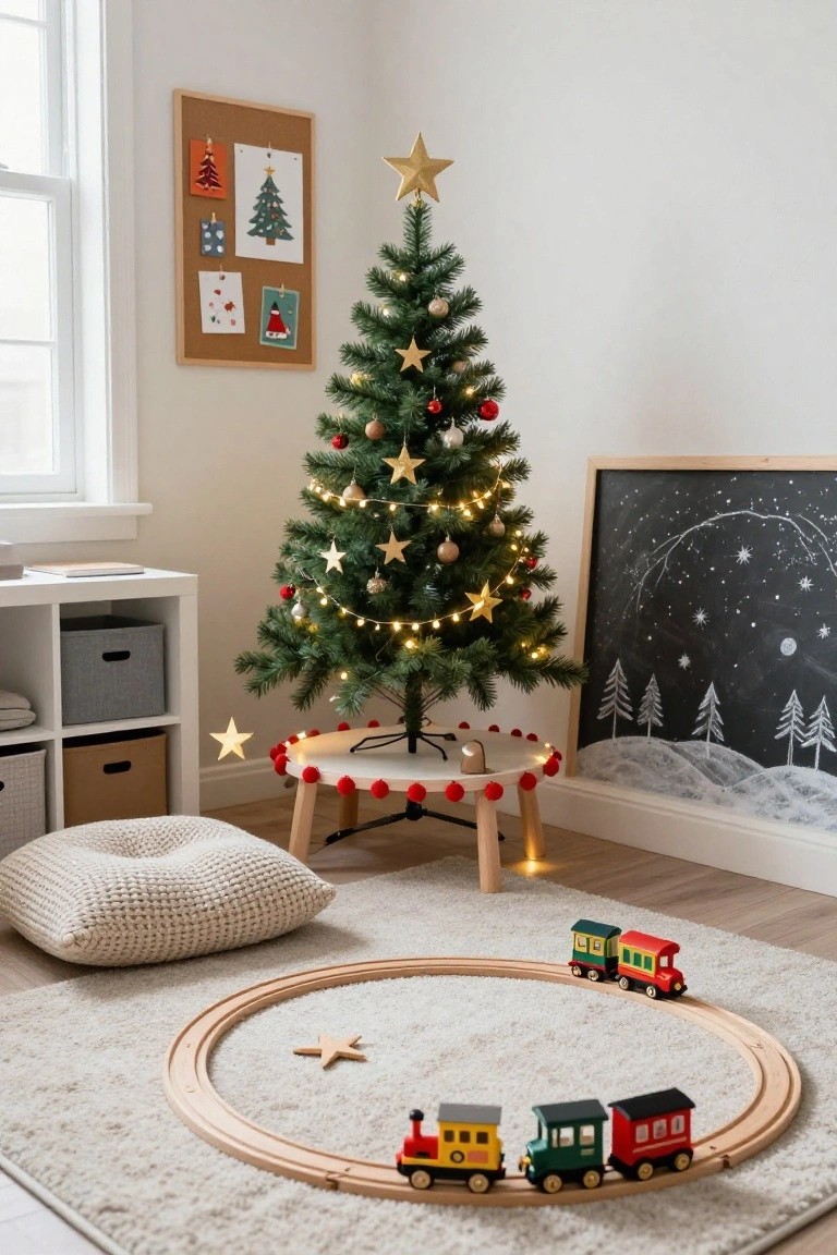 Festive kids' room with Christmas tree, wooden train set, and chalkboard.