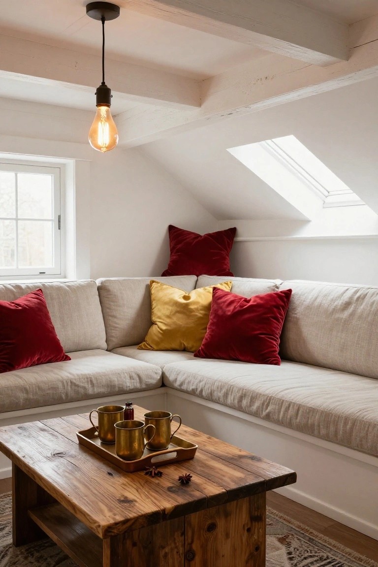Corner beige linen sofa in a white attic room piled with red and yellow velvet pillows, rustic wooden coffee table holding brass mugs on a tray with star anise, pendant bulb light hanging from slanted beamed ceiling, skylight window above.