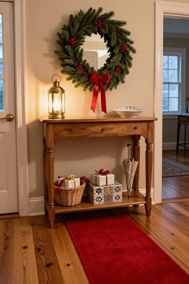 Wooden console table in a beige entryway holding wrapped gifts, ceramic tiles, and a white bowl, positioned next to a gold lantern, with an evergreen wreath featuring red berries and bow on a nearby mirror, red runner rug on hardwood floor, and an open door visible.