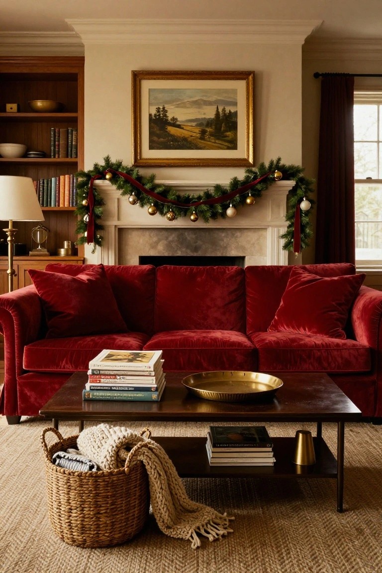 Cozy red velvet sofa with Christmas garland and wooden coffee table.