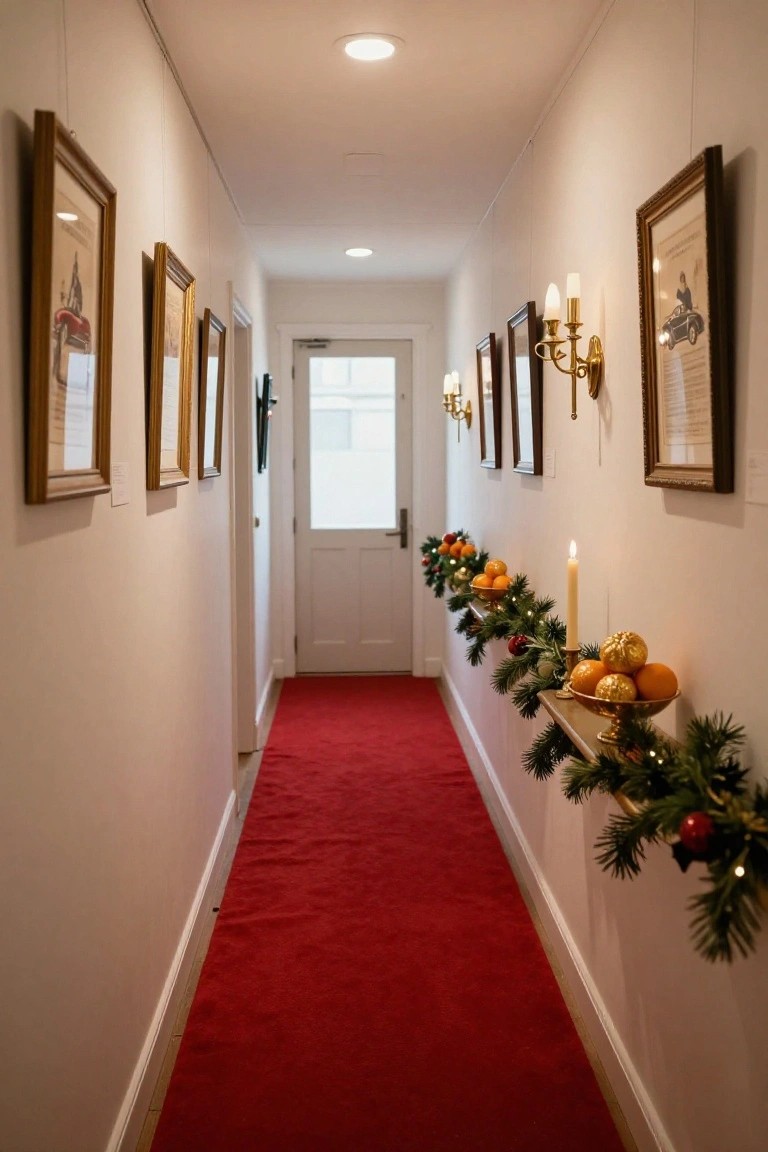 Narrow indoor hallway with white walls, red carpet runner, framed artwork and vintage photos, wall sconces, a wooden shelf lined with Christmas garland including greenery, oranges, gold ornaments, and a candle.