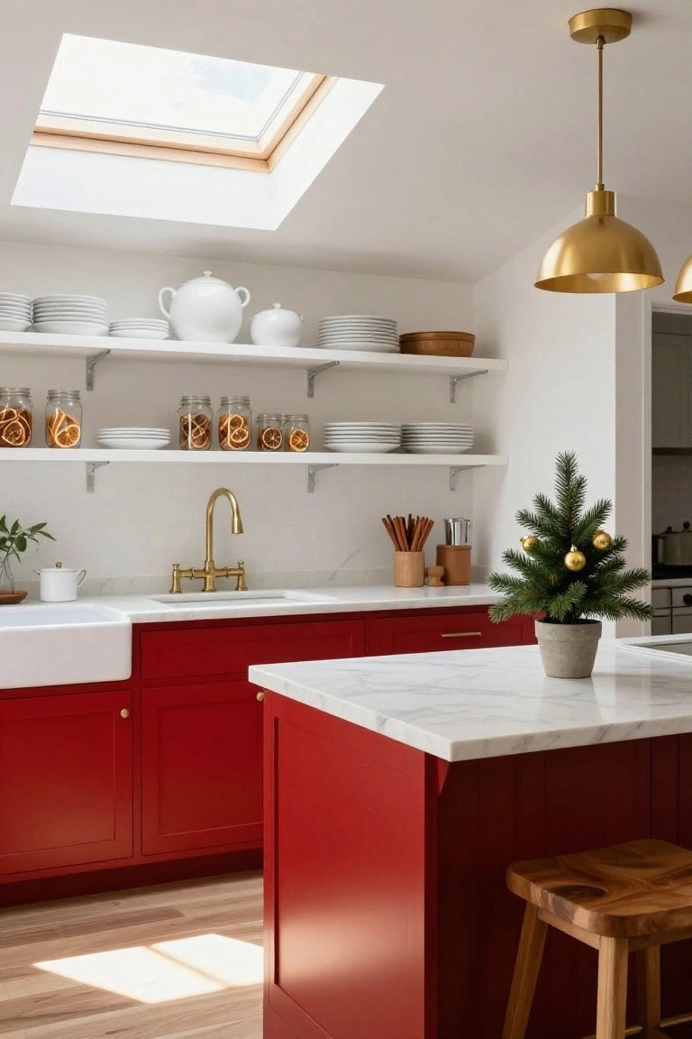 Modern kitchen with red cabinets, white marble, gold fixtures, and skylight.