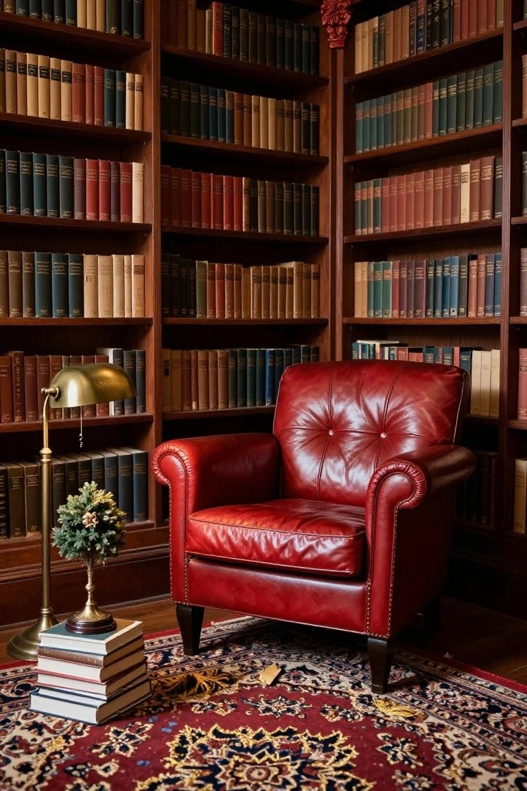 Corner of a wood-paneled library with tall bookshelves, a red leather tufted armchair, brass banker lamp, small potted holly plant, stack of books on a pedestal, and patterned rug on wood floor.