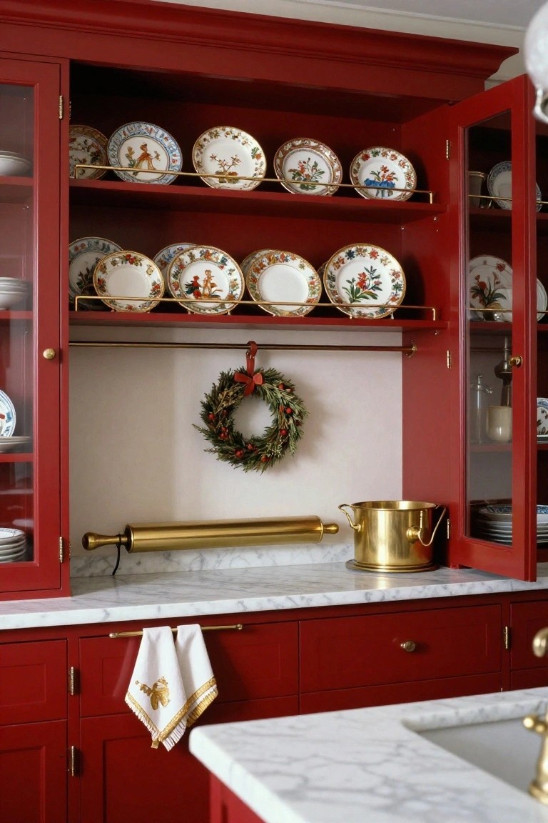 Red china cabinet with open glass-front doors displaying white plates decorated with colorful holiday motifs on gold rods, Christmas wreath hung inside, gold rolling pin on marble countertop below, brass bucket nearby, and white towels with gold trim on lower cabinet pulls.