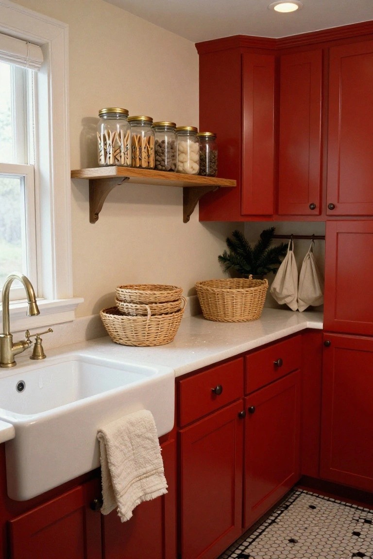Kitchen corner with red cabinets, white farmhouse sink draped with a towel, stacked wicker baskets on quartz countertop, wooden shelf holding gold-lidded glass jars of spices and grains, and hanging fir branch with cloth bags.