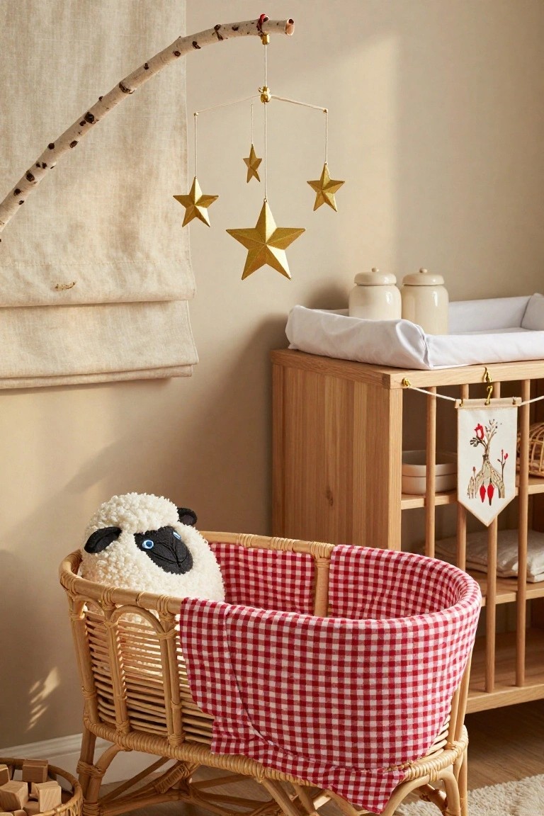 Wicker bassinet with red checkered bedding and white sheep plush inside, positioned near wooden changing table with white pad, under gold star mobile on birch branch hanger in beige nursery room.