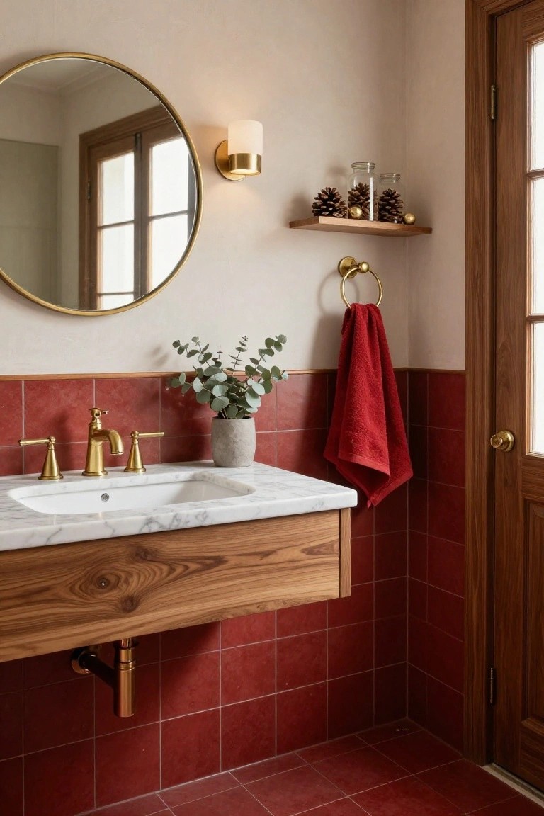 Bathroom with red tiled walls and floor, floating wooden vanity topped with white sink and gold faucet, gold round mirror, red towel on gold ring, pinecone shelf, and eucalyptus plant.