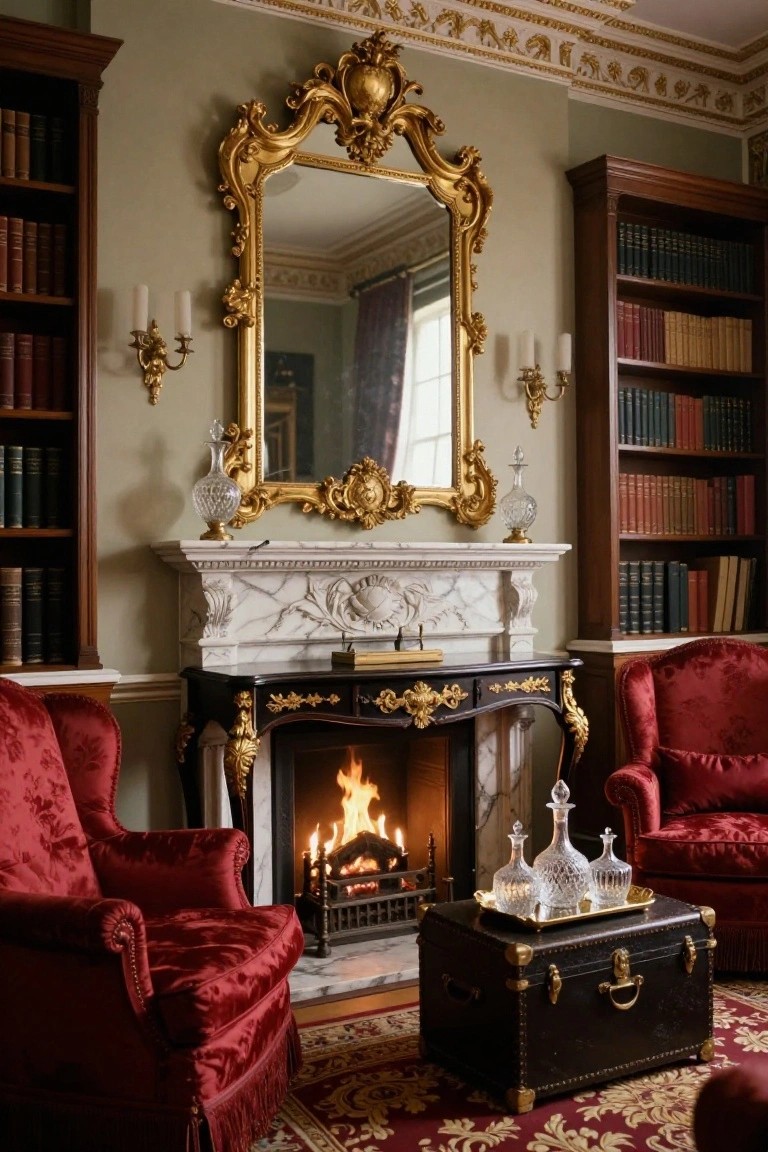 A traditional interior room with pale green walls, dark wood bookshelves filled with books, a white marble fireplace with a fire burning, two red velvet armchairs, a black leather trunk table with glass decanters, ornate gold wall sconces, and a large gold-framed mirror above the mantel.