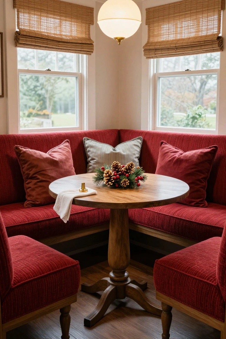 Corner banquette seating upholstered in red velvet cushions around a small round wooden pedestal table holding a pinecone and berry centerpiece, with bamboo blinds on nearby windows overlooking trees and garden.