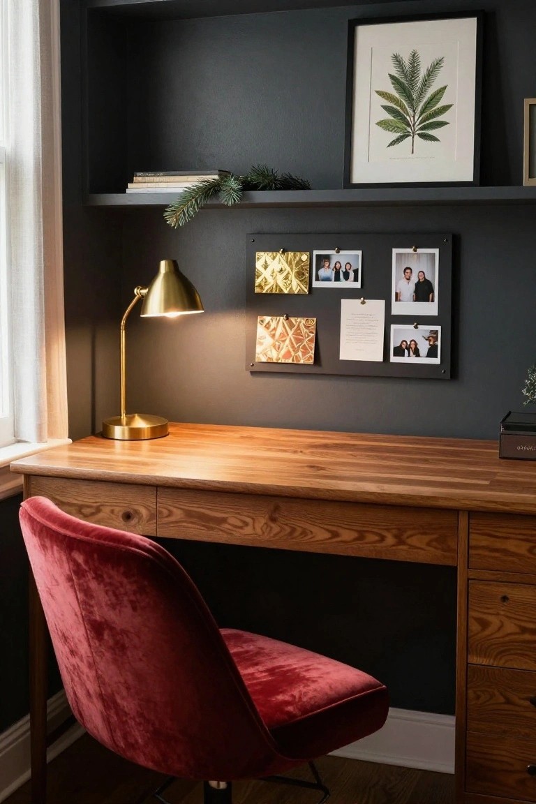 Wooden desk with drawers and red velvet chair in front, gold arched lamp on desk, dark walls with floating shelves holding books and fir branch, bulletin board with pinned photos and metallic cards.