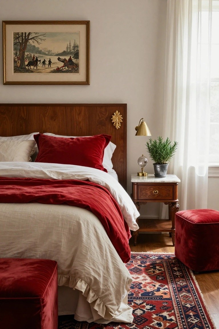 Bedroom corner with walnut headboard accented by gold leaf, red velvet pillows and throw on white bed linens, marble-top nightstand holding a potted rosemary and gold lamp, two red velvet ottomans, and patterned rug.