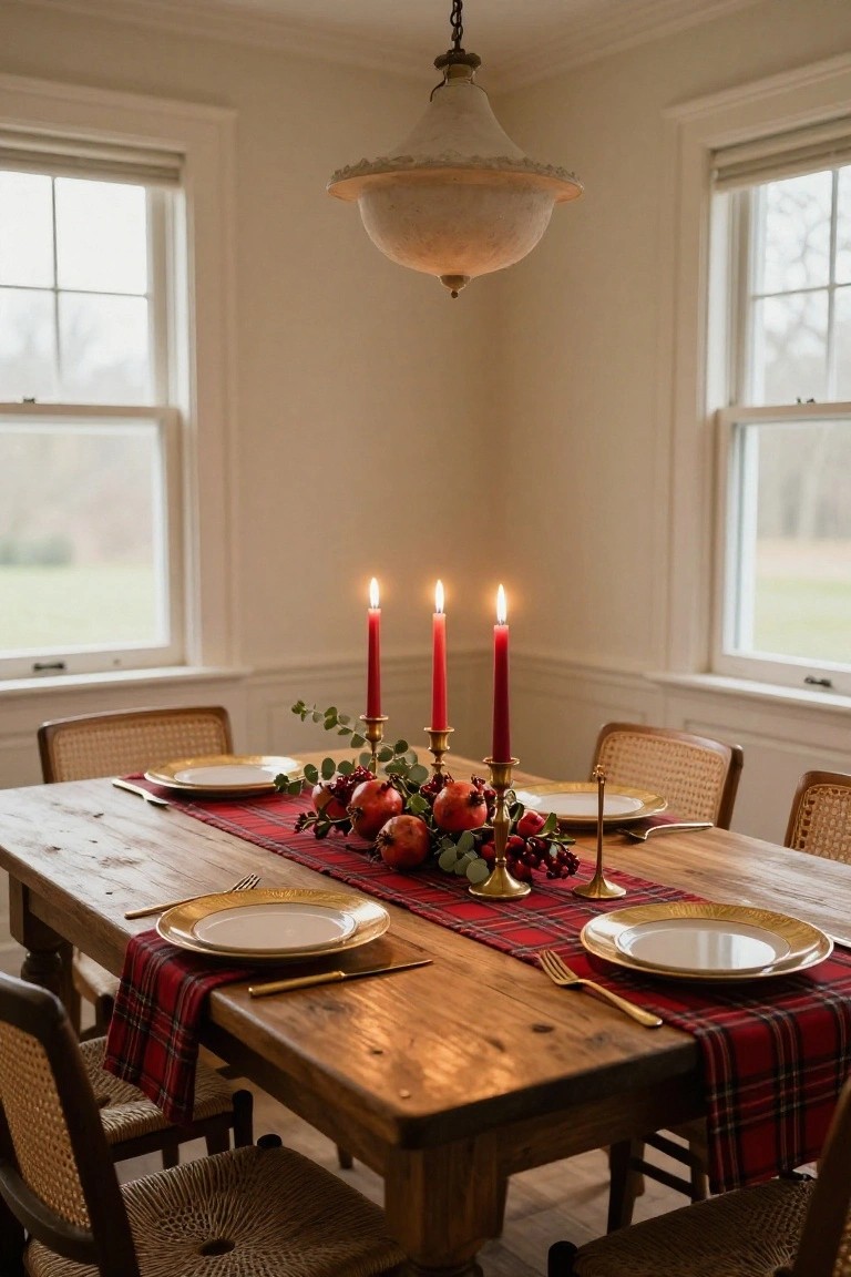 Dining room corner with wooden farm table covered by red plaid runner and napkins, set with gold-rimmed white plates, brass candlesticks with lit red candles, and pomegranate eucalyptus centerpiece, wicker chairs, beige walls, and windows overlooking yard.