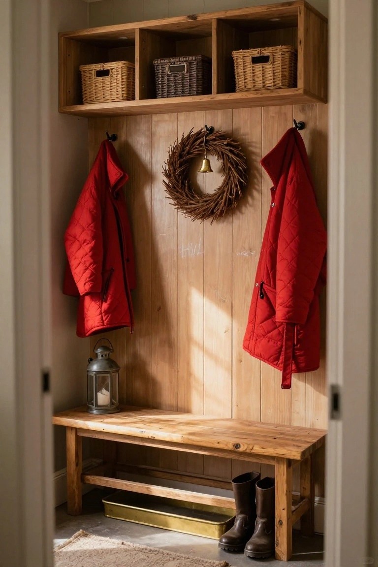 Rustic wooden-paneled mudroom with wicker baskets on overhead shelves, two red quilted puffer coats hanging on black hooks beside a wheat wreath with gold bell, wooden bench holding brown boots and gold tray, and metal lantern on floor.