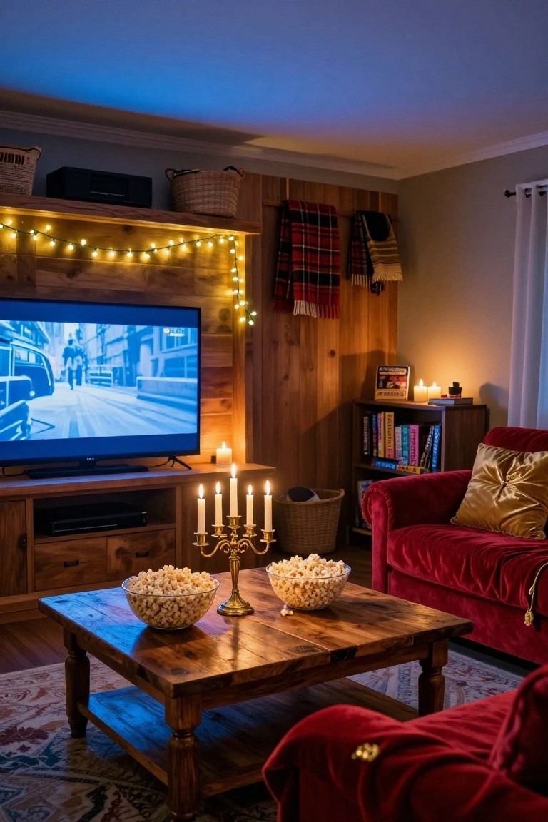 Wood-paneled living room with TV mounted on wall showing street scene, red velvet sofa with gold pillows, wooden coffee table holding two popcorn bowls and brass candelabra with lit candles, string lights, plaid fabrics, bookshelves, and wicker baskets.