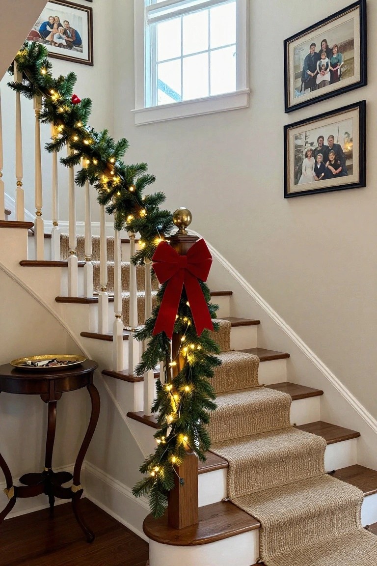Curved white wooden staircase with beige runner, railings wrapped in green garland strung with warm white lights and topped by a large red bow at the newel post, family photos on walls, large window, and small wooden table at base.