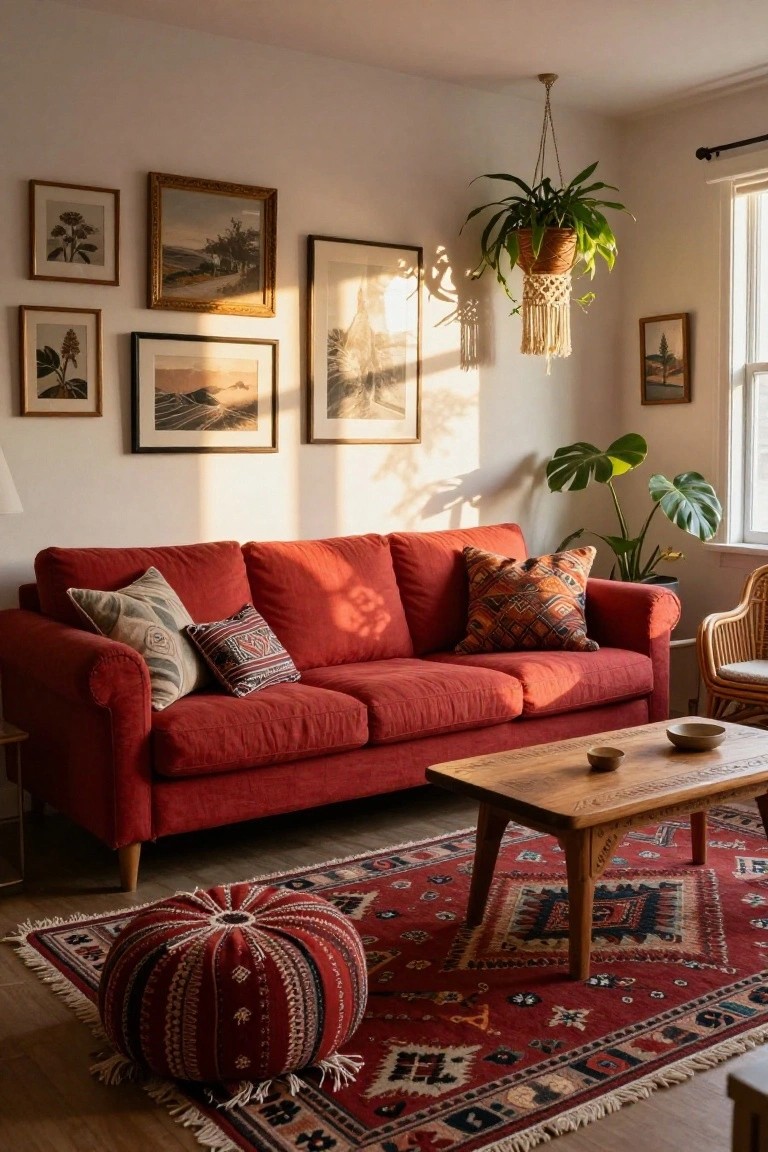 Living room with red fabric three-seater sofa, assorted patterned pillows, wooden coffee table, red pouf on red and multicolored kilim rug, monstera plant in pot, hanging plant in macrame, rattan chair, and eclectic framed botanical and landscape art on white walls with window light.