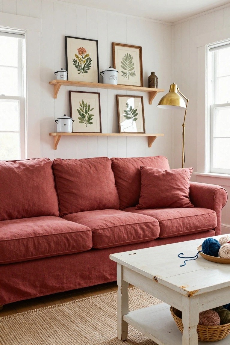 Living room corner with red linen slipcovered sofa, floating wood shelves displaying black-framed botanical prints and white enamelware pots, brass floor lamp beside windows, distressed white coffee table holding yarn balls in a wicker basket, and jute rug on wood floor.