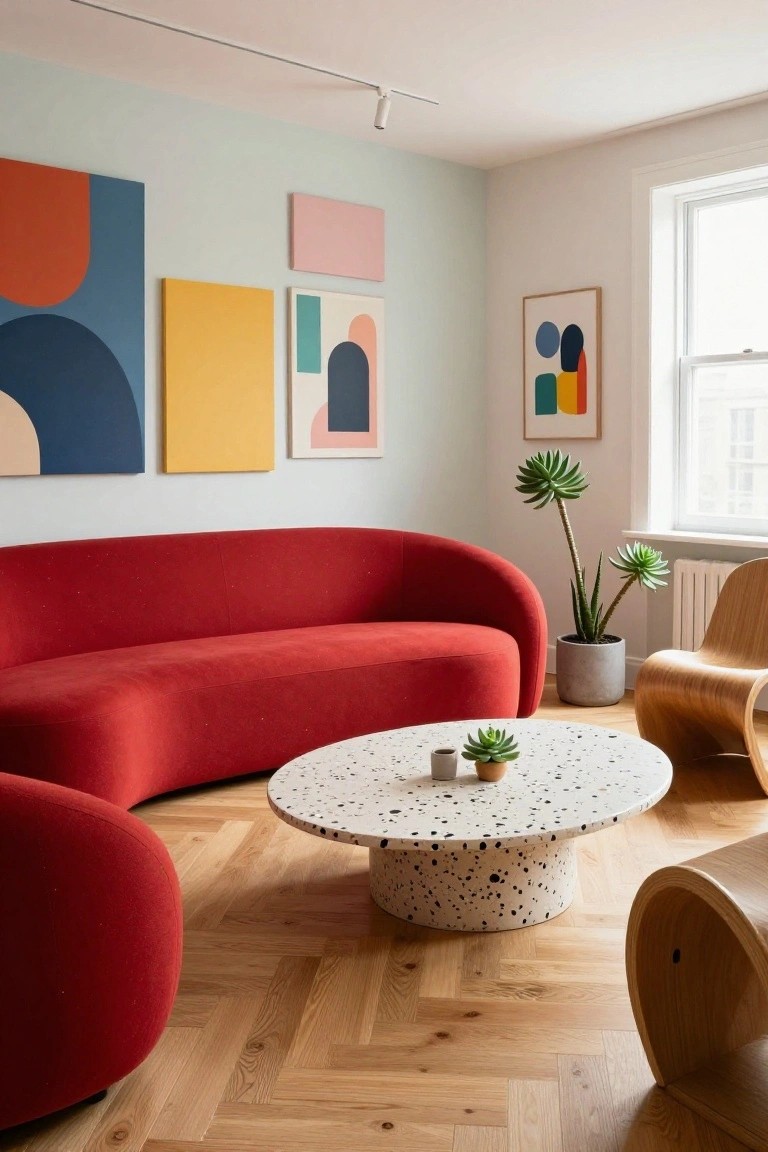Contemporary living room with curved red upholstered sofa, abstract geometric paintings on light walls, white terrazzo coffee table with small plant, wooden chairs, potted plants, and parquet wood floor.