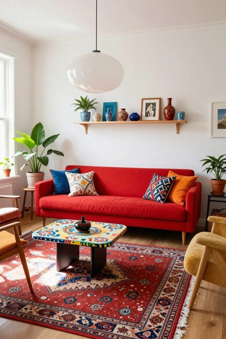Living room with red fabric sofa, multicolored tiled coffee table, red Persian rug, potted plants, wooden chairs, and shelves of ceramic vases and art on white walls.