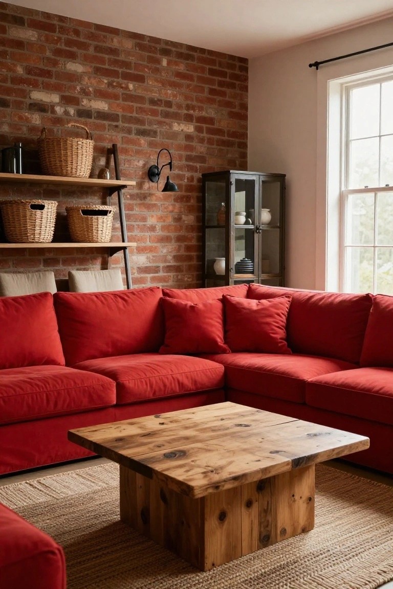 Corner red fabric sofa in a living room featuring exposed brick walls, wooden shelves with wicker baskets, a glass-front cabinet, wooden coffee table, and beige rug.