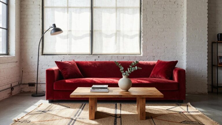 Red velvet L-shaped sofa in a living room with exposed brick walls, large black-framed windows, wooden coffee table holding books and a white pierced vase with eucalyptus, beige fringed rug, black tripod floor lamp, and matte black fireplace.