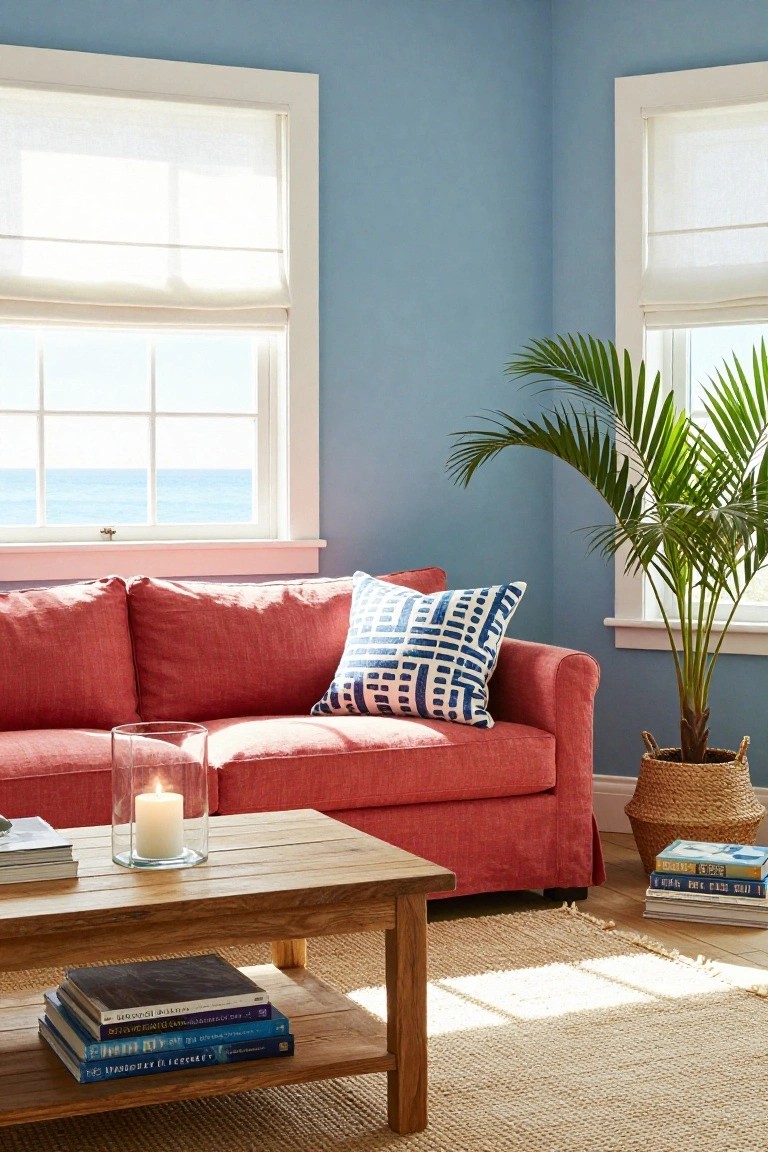 Red slipcovered sofa in a light blue-walled living room with large windows showing ocean view, potted palm plant, wooden coffee table holding stacked books and glass candle holder on beige rug.