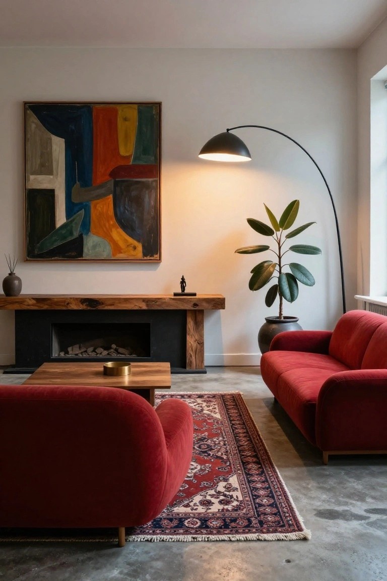 Modern living room with red velvet L-shaped sofa on Persian rug in front of wood mantel gas fireplace on polished concrete floor, abstract painting on wall, potted plant, and arc lamp.