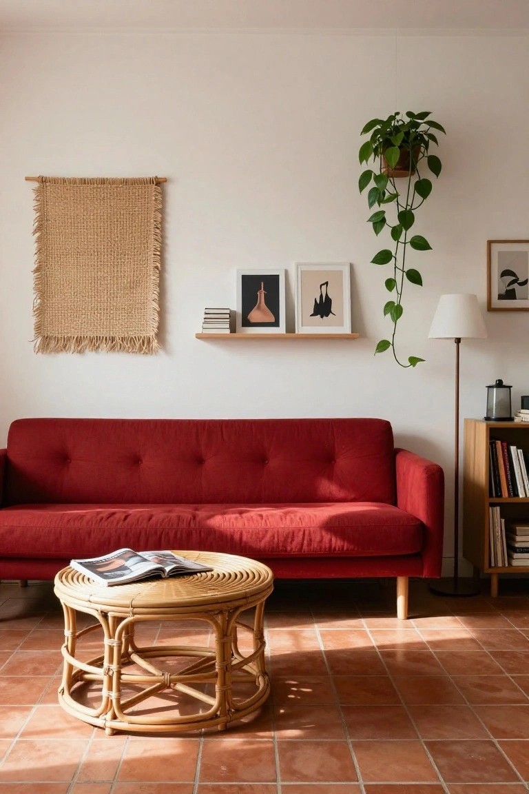 A red sofa in a white-walled living room with terracotta tile floors, rattan coffee table holding magazines, woven wall hanging, hanging potted plant, framed artwork on a shelf, wooden bookshelves, and a floor lamp.