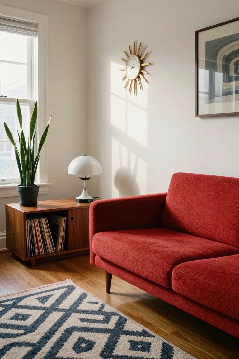 Bright living room corner with red upholstered sofa next to wooden credenza holding vinyl records, tall potted snake plant by window, white mushroom lamp on credenza, gold sunburst clock and framed art on white walls, navy patterned rug on wood floor.