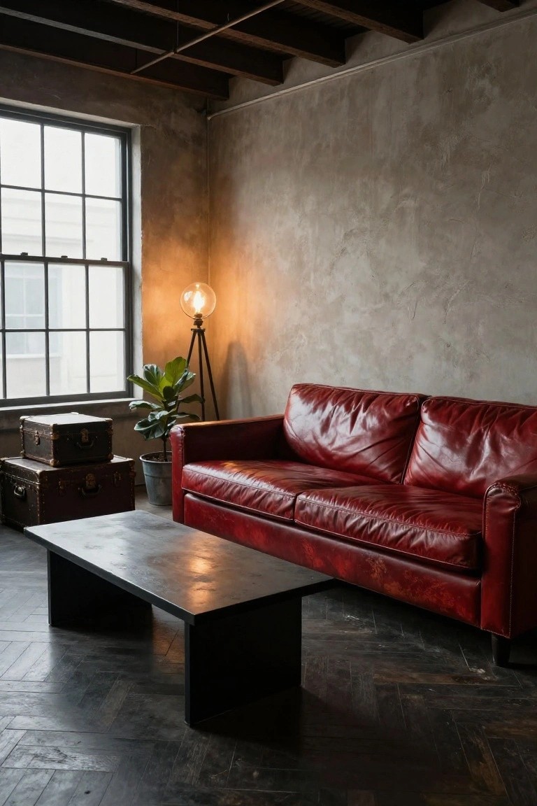 Red leather L-shaped sofa in a room with exposed wooden ceiling beams, rough beige plaster walls, large multi-pane windows, tripod floor lamp with globe bulb, potted fiddle leaf fig plant, stacked brown vintage suitcases, black metal coffee table, and dark parquet floor.