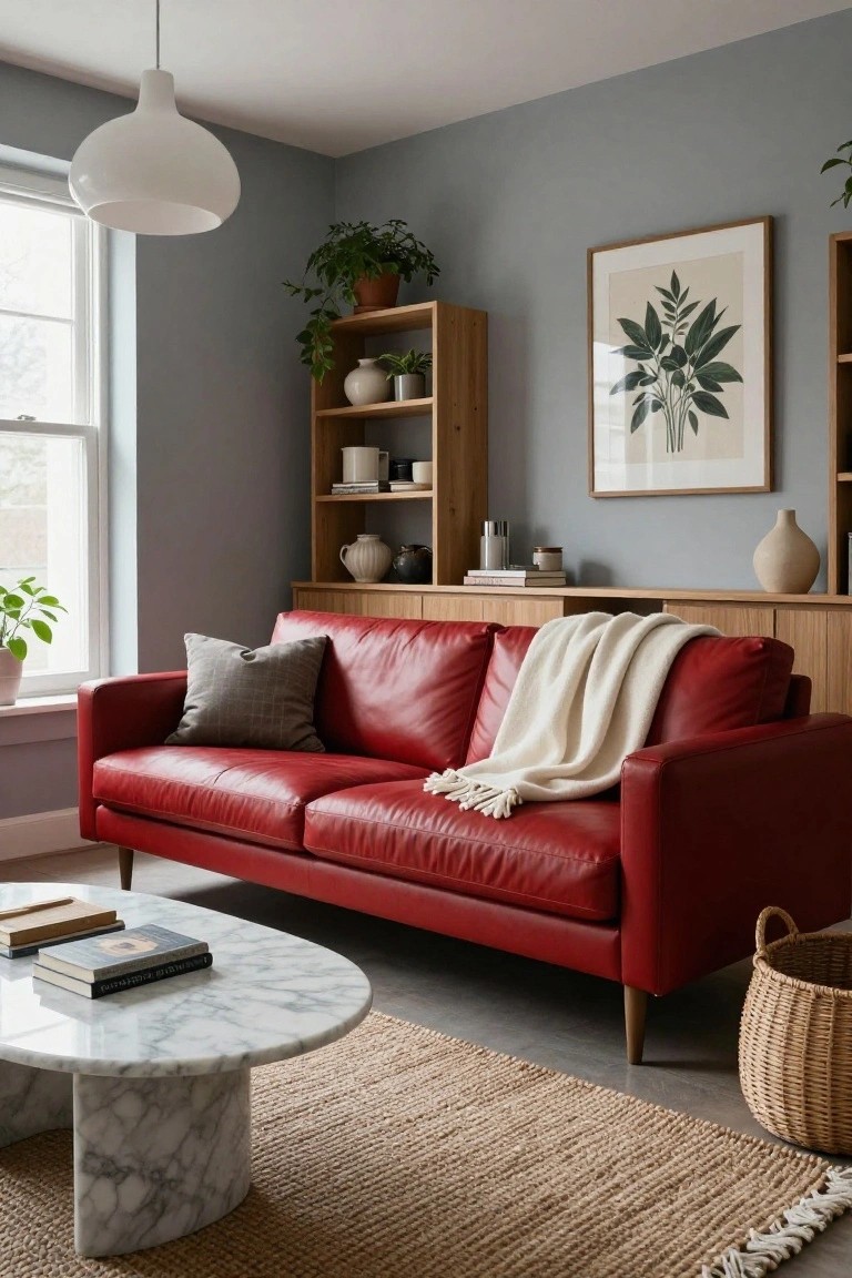 Modern living room with red leather sofa on gray walls, wooden shelving unit with plants and ceramics, marble coffee table, white pendant light, and beige rug.