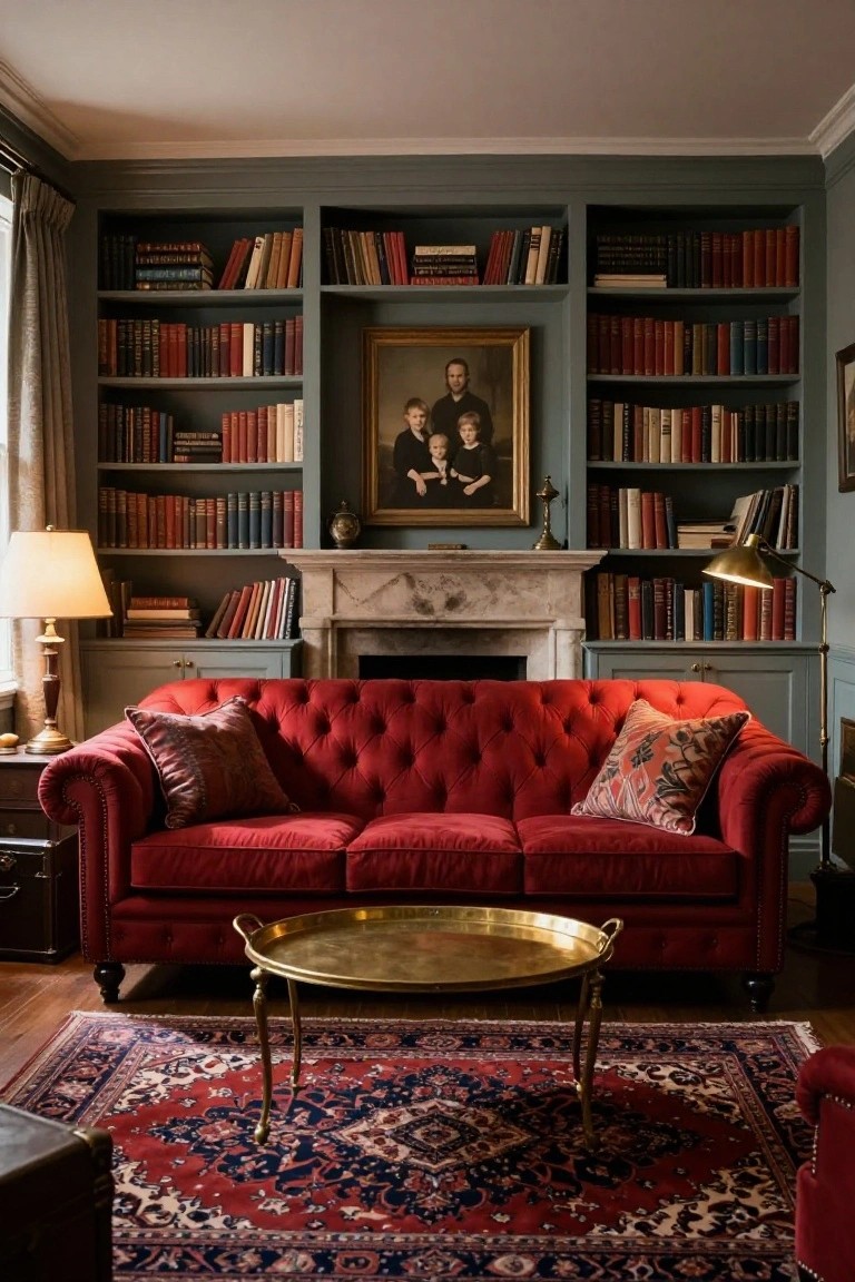 A red velvet tufted sofa positioned in front of a marble fireplace in a living room with dark green built-in bookshelves filled with books, brass lamps, a gold tray table, and a red patterned rug on wood floors.