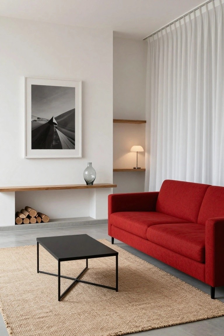 Modern living room with red fabric sofa, black metal coffee table on seagrass rug, oak wood shelf above fireplace holding firewood and glass vase, black-and-white photo on white wall, sheer white curtains, and table lamp on shelf.