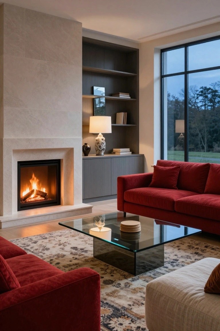 Modern living room with two red velvet sofas arranged around a glass coffee table, facing a creamy stone fireplace with burning gas logs, flanked by wood shelving and cabinetry, and large black-framed windows showing a wooded view at dusk.