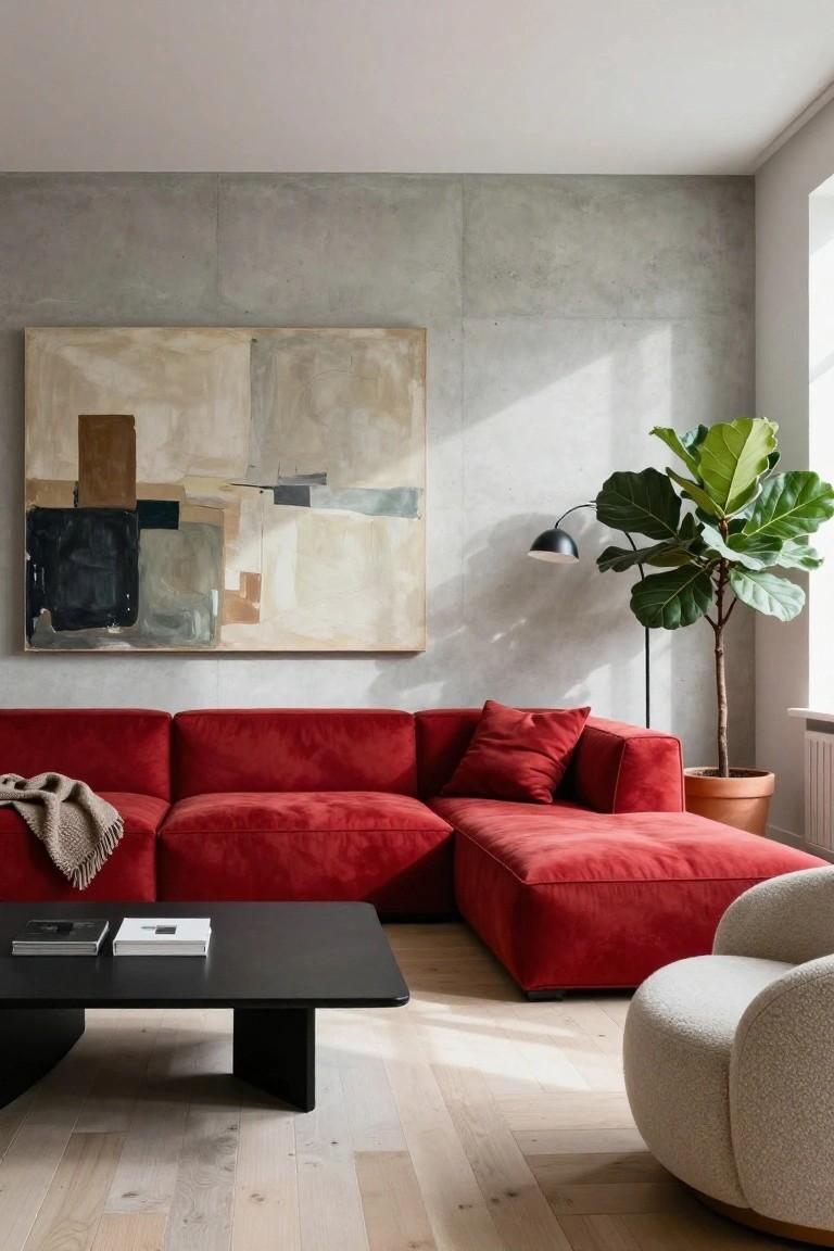 Red Velvet Sectional in a Minimalist Room