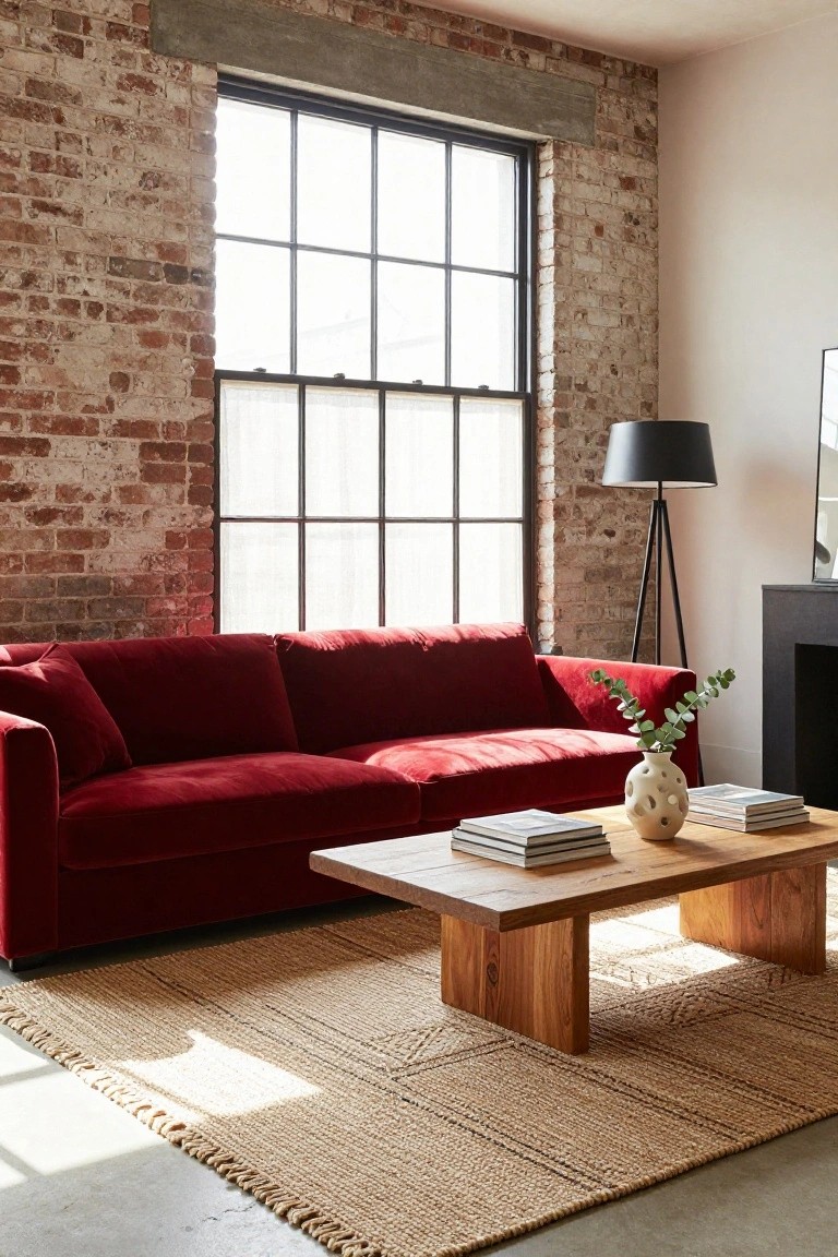Red velvet L-shaped sofa in a living room with exposed brick walls, large black-framed windows, wooden coffee table holding books and a white pierced vase with eucalyptus, beige fringed rug, black tripod floor lamp, and matte black fireplace.