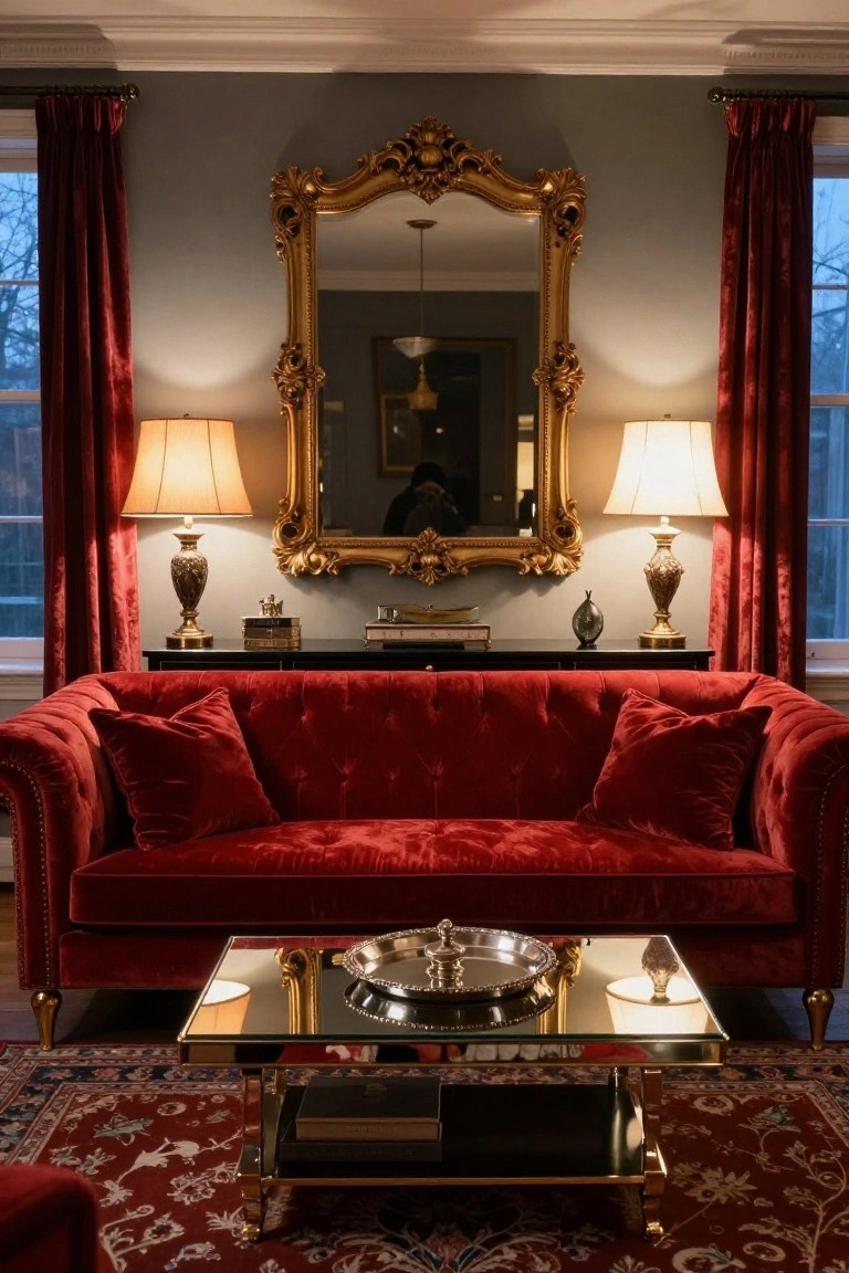 Living room with red velvet tufted sofa on oriental rug, black console topped with brass lamps and figurines under large gold ornate mirror, brass and glass coffee table, red curtains, and gray walls.