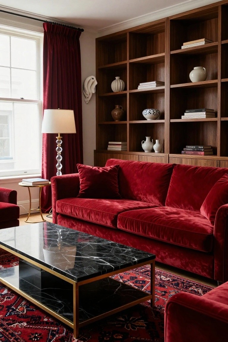 Living room interior with red velvet sofa in front of floor-to-ceiling walnut bookshelves stocked with books and ceramics, black marble coffee table, brass lamp, and red curtains at a window.