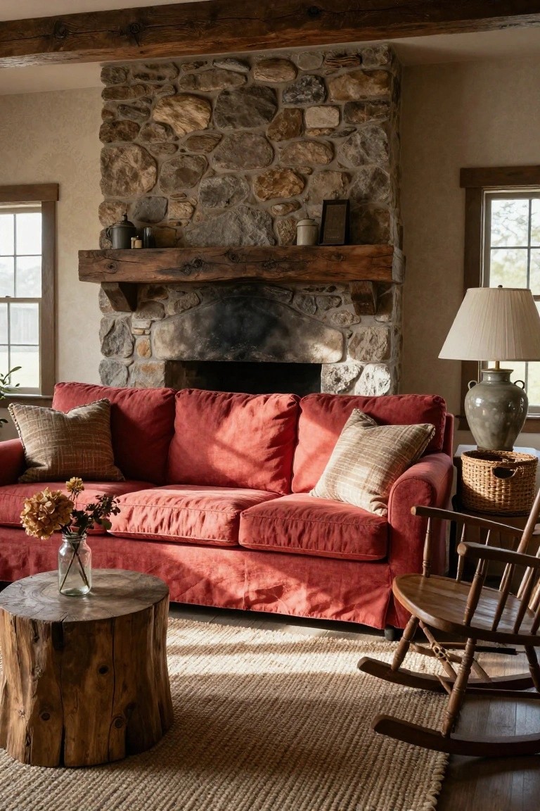 Living room with a red linen sofa facing a tall stone fireplace under wooden beams, a tree trunk coffee table with flowers, neutral pillows, a rocking chair, basket, lamp, and windows letting in light.