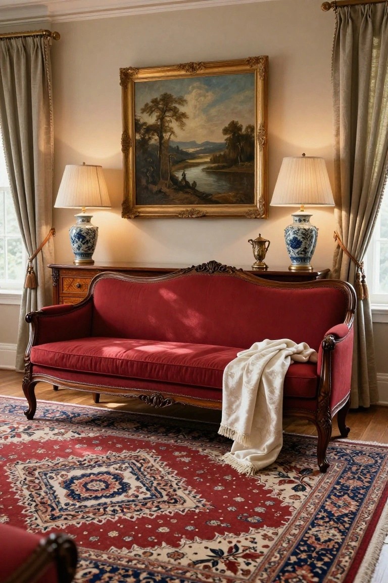 A red upholstered cabriole sofa with carved wooden legs sits on a red and blue Oriental rug in a cream-walled living room, flanked by wooden cabinets, blue and white porcelain lamps, a gold teapot, and a large gold-framed landscape painting above.